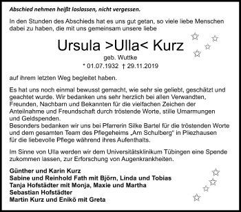 Anzeige von Ursula Kurz von Reutlinger General-Anzeiger
