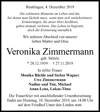 Anzeige von Veronika Zimmermann von Reutlinger General-Anzeiger