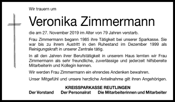 Anzeige von Veronika Zimmermann von Reutlinger General-Anzeiger
