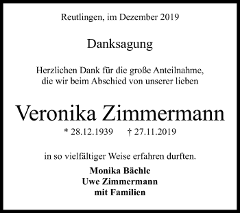 Anzeige von Veronika Zimmermann von Reutlinger General-Anzeiger