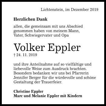 Anzeige von Volker Eppler von Reutlinger General-Anzeiger