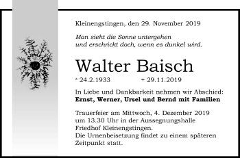 Anzeige von Walter Baisch von Reutlinger General-Anzeiger