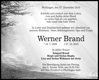 Anzeige von Werner Brand von Reutlinger General-Anzeiger
