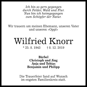 Anzeige von Wilfried Knorr von Reutlinger General-Anzeiger