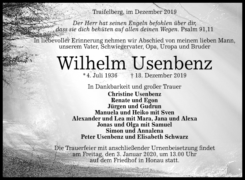  Traueranzeige für Wilhelm Usenbenz vom 28.12.2019 aus Reutlinger General-Anzeiger