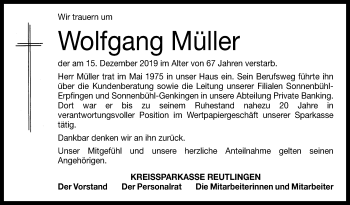 Anzeige von Wolfgang Müller von Reutlinger General-Anzeiger