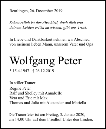 Anzeige von Wolfgang Peter von Reutlinger General-Anzeiger