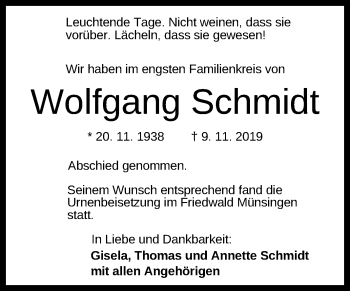 Anzeige von Wolfgang Schmidt von Reutlinger General-Anzeiger