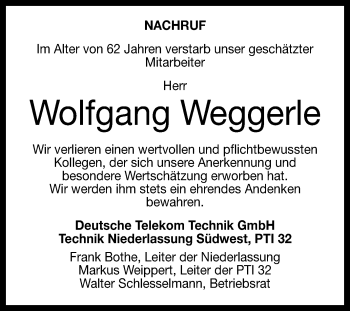 Anzeige von Wolfgang Weggerle von Reutlinger General-Anzeiger