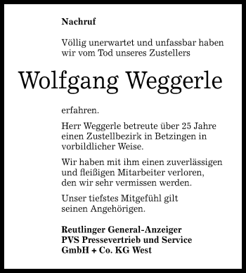 Anzeige von Wolfgang Weggerle von Reutlinger General-Anzeiger