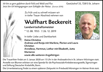 Anzeige von Wulfhart Beckereit von Reutlinger General-Anzeiger