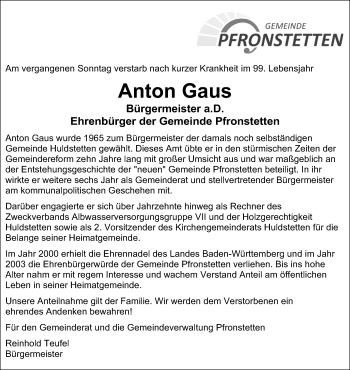 Anzeige von Anton Gaus von Reutlinger General-Anzeiger