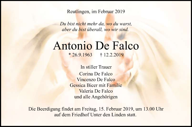  Traueranzeige für Antonio De Falco vom 14.02.2019 aus Reutlinger General-Anzeiger