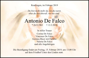 Anzeige von Antonio De Falco von Reutlinger General-Anzeiger