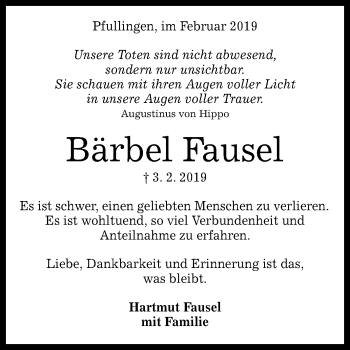 Anzeige von Bärbel Fause von Reutlinger General-Anzeiger