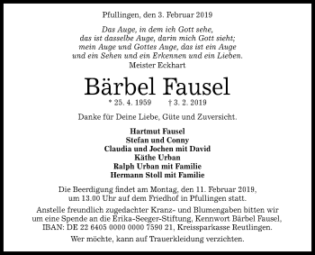 Anzeige von Bärbel Fausel von Reutlinger General-Anzeiger