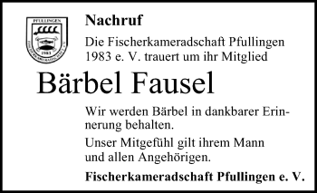 Anzeige von Bärbel Fausel von Reutlinger General-Anzeiger
