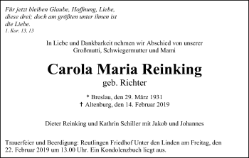 Anzeige von Carola Maria Reinking von Reutlinger General-Anzeiger