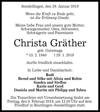 Anzeige von Christa Gräther von Reutlinger General-Anzeiger