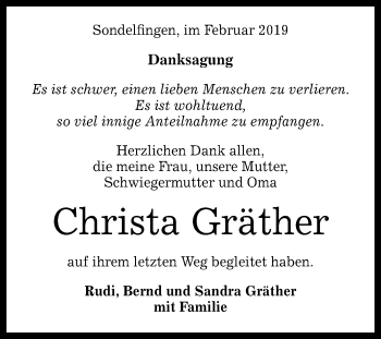 Anzeige von Christa Gräther von Reutlinger General-Anzeiger