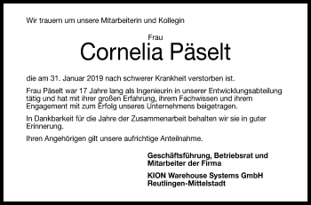 Anzeige von Cornelia Päselt von Reutlinger General-Anzeiger