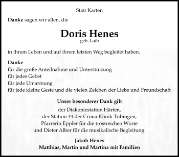 Anzeige von Doris Henes von Reutlinger General-Anzeiger