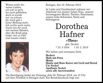 Anzeige von Dorothea Hafner von Reutlinger General-Anzeiger
