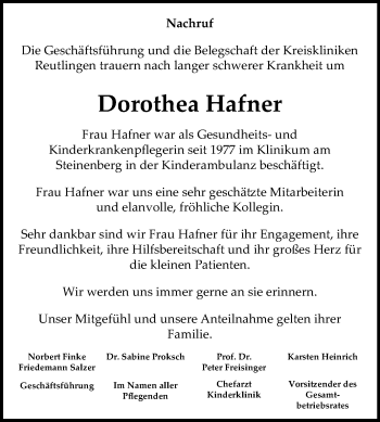 Anzeige von Dorothea Hafner von Reutlinger General-Anzeiger