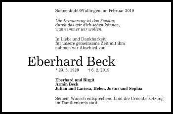 Anzeige von Eberhard Beck von Reutlinger General-Anzeiger