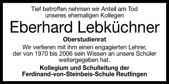 Anzeige von Eberhard Lebküchner von Reutlinger General-Anzeiger