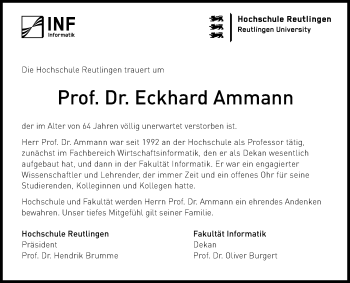 Anzeige von Eckhard Ammann von Reutlinger General-Anzeiger