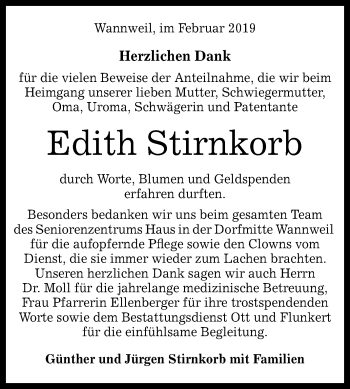 Anzeige von Edith Stirnkorb von Reutlinger General-Anzeiger
