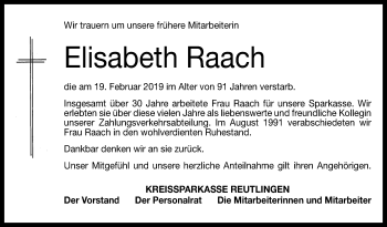 Anzeige von Elisabeth Raach von Reutlinger General-Anzeiger