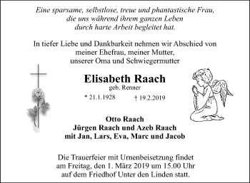 Anzeige von Elisabeth Raach von Reutlinger General-Anzeiger