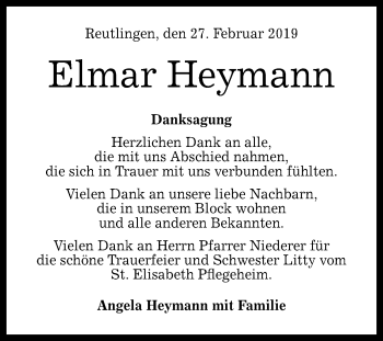 Anzeige von Elmar Heymann von Reutlinger General-Anzeiger