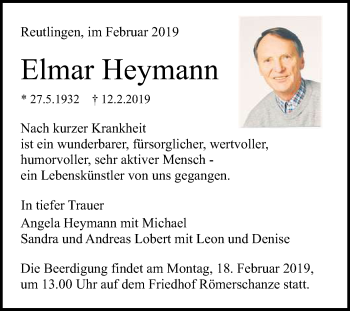 Anzeige von Elmar Heymann von Reutlinger General-Anzeiger