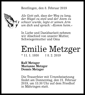 Anzeige von Emilie Metzger von Reutlinger General-Anzeiger