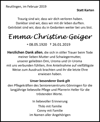 Anzeige von Emma Christine Geiger von Reutlinger General-Anzeiger