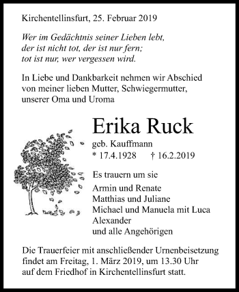Anzeige von Erika Ruck von Reutlinger General-Anzeiger