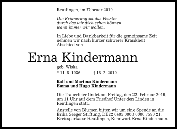 Anzeige von Erna Kindermann von Reutlinger General-Anzeiger
