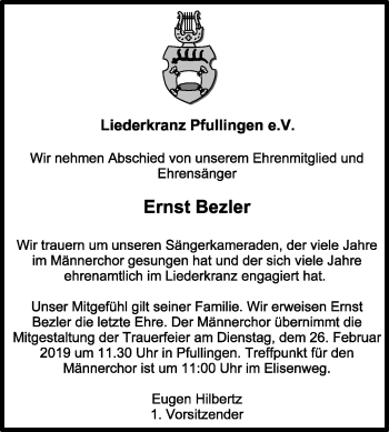 Anzeige von Ernst Bezler von Reutlinger General-Anzeiger