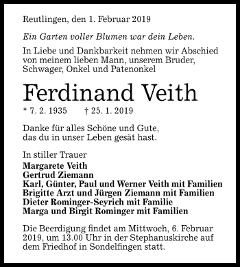 Anzeige von Ferdinand Veith von Reutlinger General-Anzeiger