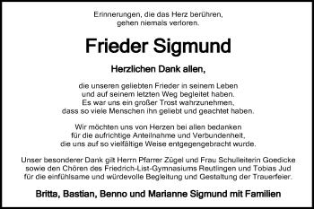 Anzeige von Frieder Sigmund von Reutlinger General-Anzeiger