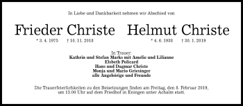 Anzeige von Frieder und Helmut Christe von Reutlinger General-Anzeiger