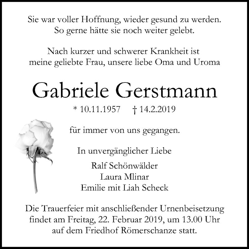  Traueranzeige für Gabriele Gerstmann vom 19.02.2019 aus Reutlinger General-Anzeiger