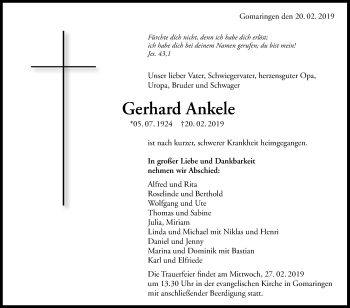 Anzeige von Gerhard Ankele von Reutlinger General-Anzeiger