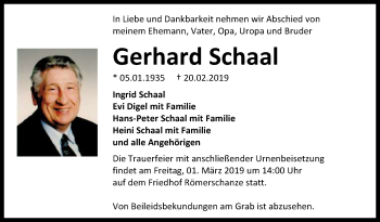 Anzeige von Gerhard Schaal von Reutlinger General-Anzeiger