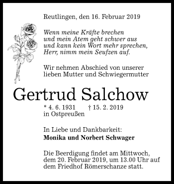 Anzeige von Gertrud Salchow von Reutlinger General-Anzeiger