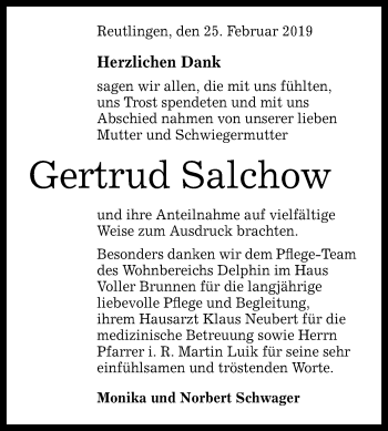 Anzeige von Gertrud Salchow von Reutlinger General-Anzeiger