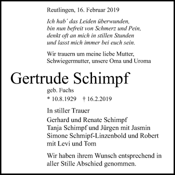 Anzeige von Gertrude Schimpf von Reutlinger General-Anzeiger